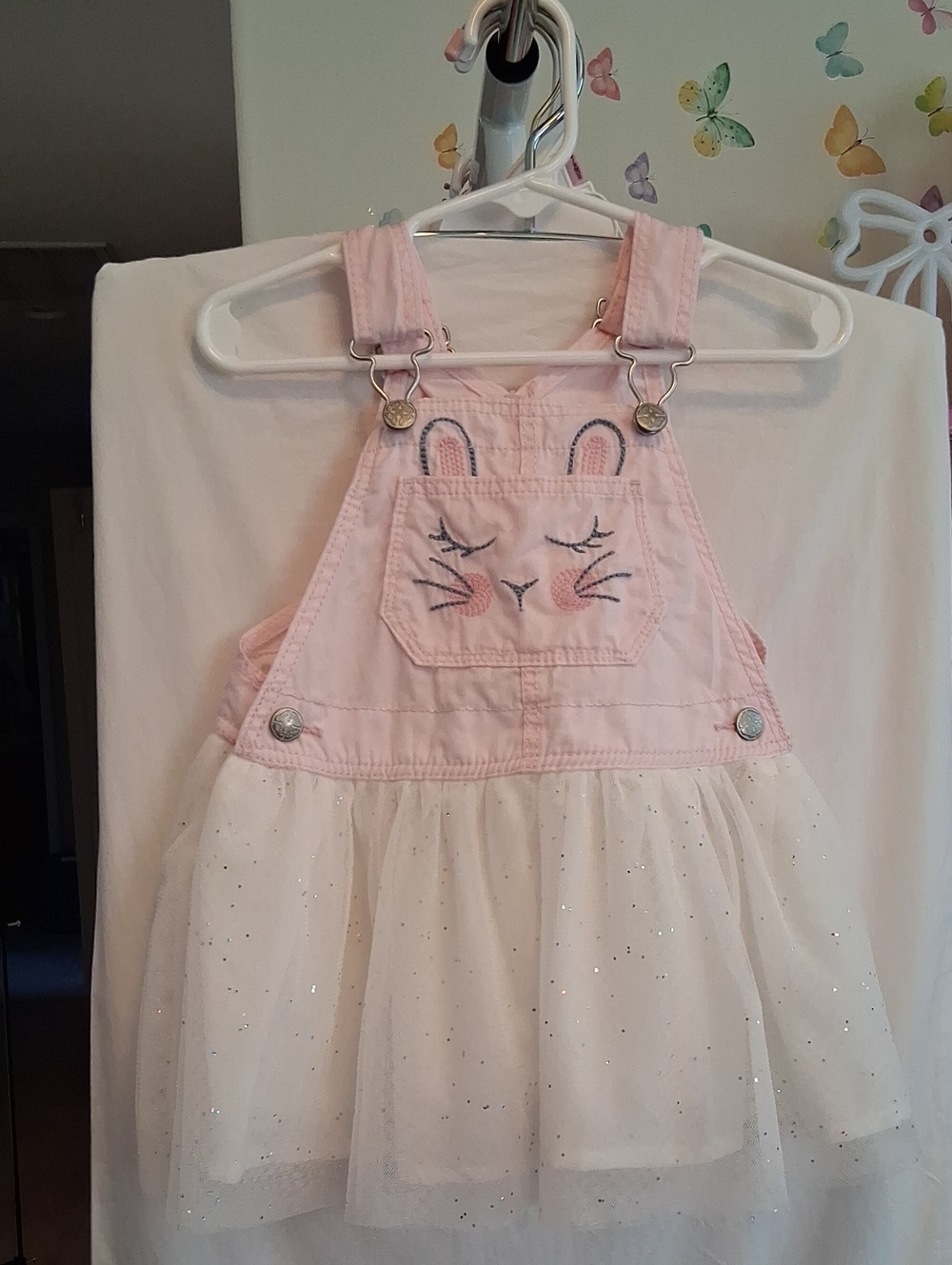 Pink Bunny Tulle Overall Dress Adorable With Embroired Bunny Face On The Bib